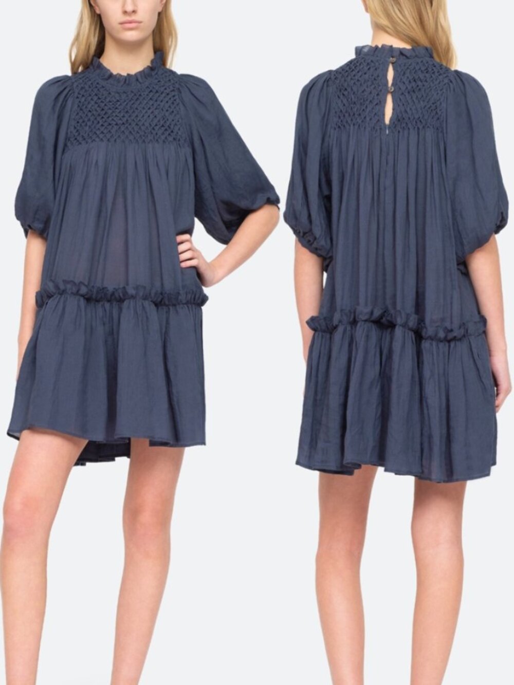 Sea New York Geneva Mini Dress Lantern Sleeve Blue Cotton